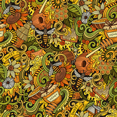 Cartoon cute doodles hand drawn Honey seamless pattern