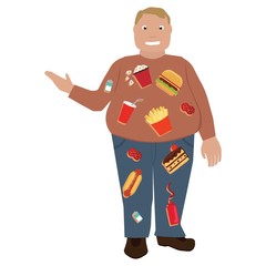 Fat man with fast food inside