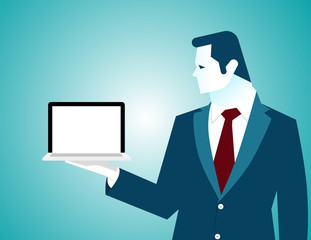Businessman holding laptop, empty white screen