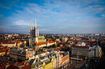 Naklejka na ściany i meble Zagreb, aerial view with the cathedral