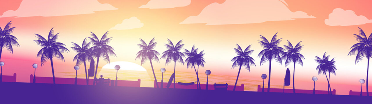 Beach Sunset Walkway Palm Trees Panorama - Vector Illustration