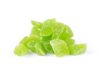 Green colored sugar jelly candy over white background