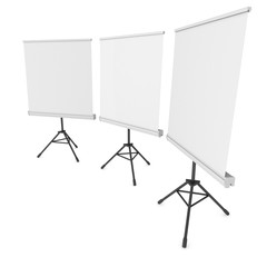 Blank Roll Up Expo Banner Stands Group on Tripod. Trade show booth white and blank. 3d render illustration isolated on white background. Template mockup for your expo design.