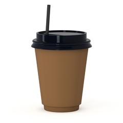Disposable coffee cup with paper straw . Brown paper mug with plastic cap. 3d render isolated on white background