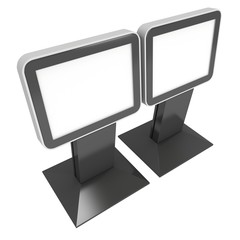LCD Screen Stand. Blank Trade Show Booth. 3d render of lcd tv isolated on white background. High Resolution. Ad template for your expo design.