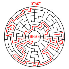 Circle Maze with Solution. Labyrinth with Entry and Exit. Find the Way Out Concept. Transportation and Logistics Vector Illustration.