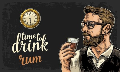 Hipster holding a glass of rum and antique pocket watch.