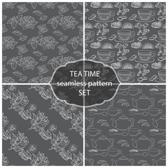 Set Tea Time seamless pattern of the doodle  leaves, cups. 