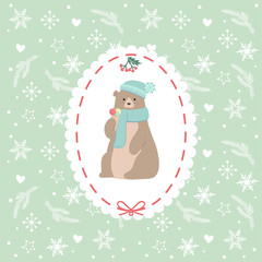 Christmas card with sweet cartoon bear in hat and scarf holding ice-cream over light green background.