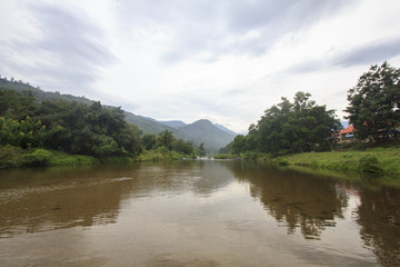 Obraz premium landscape of river and cloudy sky ; Khiriwong Fuit Village ,Nakhon Si Thammarat Thailand 