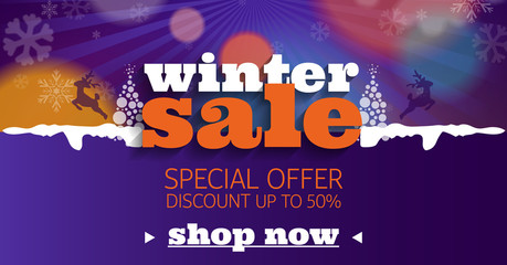 Winter sale social network banner violet blue with snow, color background, snowflakes, tree and discount.