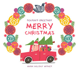 Vector Illustration of Polar Bear in a car with Christmas tree