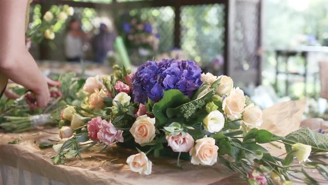 Woman Florist Make a Floral Composition for Happy Wedding Ceremony