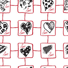 Retro hand-drawn sketches seamless background with hearts for valentines and wedding day