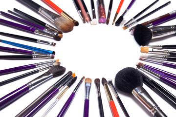 makeup brushes set for professional on white background. copy space.