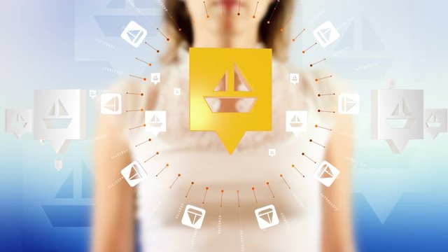 Young female pressing the screen then sailboat symbol appearing. Futuristic touch screen concept.
