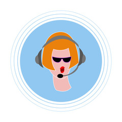 The girl with red hair in black glasses, with headphones with microphone. Flat icon avatar.