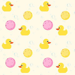 Seamless pattern with yellow rubber duck,soap bubble and sponge
