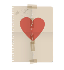Broken heart painted on the sheet of a notebook and repaired with adhesive tape