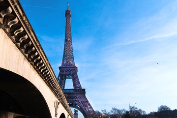 Fototapeta na wymiar Tour Eiffel in Paris, France against the blue sky. Copy space
