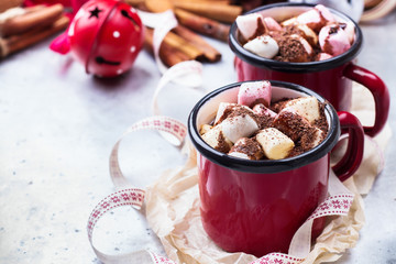 Hot chocolate with marshmallows and spices on christmas table