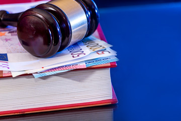 Law gavel with book and euro money - reflection on blue background