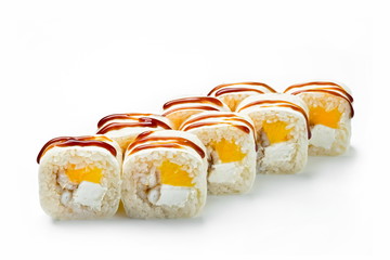 Sweat sushi roll with fruits and eel. Sushi dessert