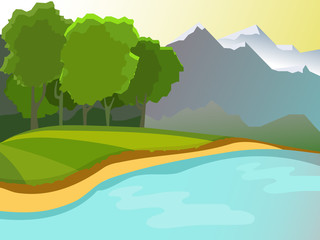 Summer landscape. Landscape on the background of the pond, the mountains and forests.