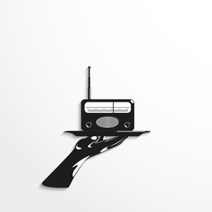 Old radio on a tray. Vector illustration. Black and white view.