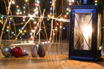 Christmas decorations on wooden table