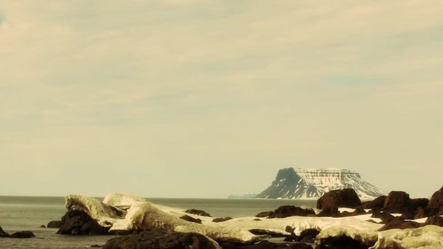Amazing island Bell and Cirque glacier. Franz-Josef Land. Place of wintering of expedition of Smith-Lee to North pole (1881)
