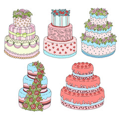 Hand drawn vector set with cute triple birthday cakes. Doodle cakes with cream and berries.