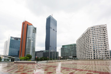 View on financial district with tall buildings and business centres in vienna, austria