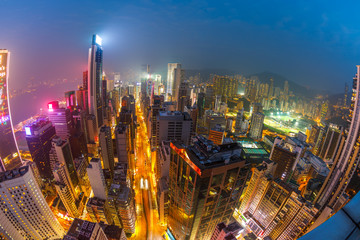 Fisheye aerial view of Hong Kong skyscrapers and skyline , from in Wan Chai metropolitan area, Hong...