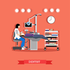 Vector illustration of dentist and patient in dental clinic