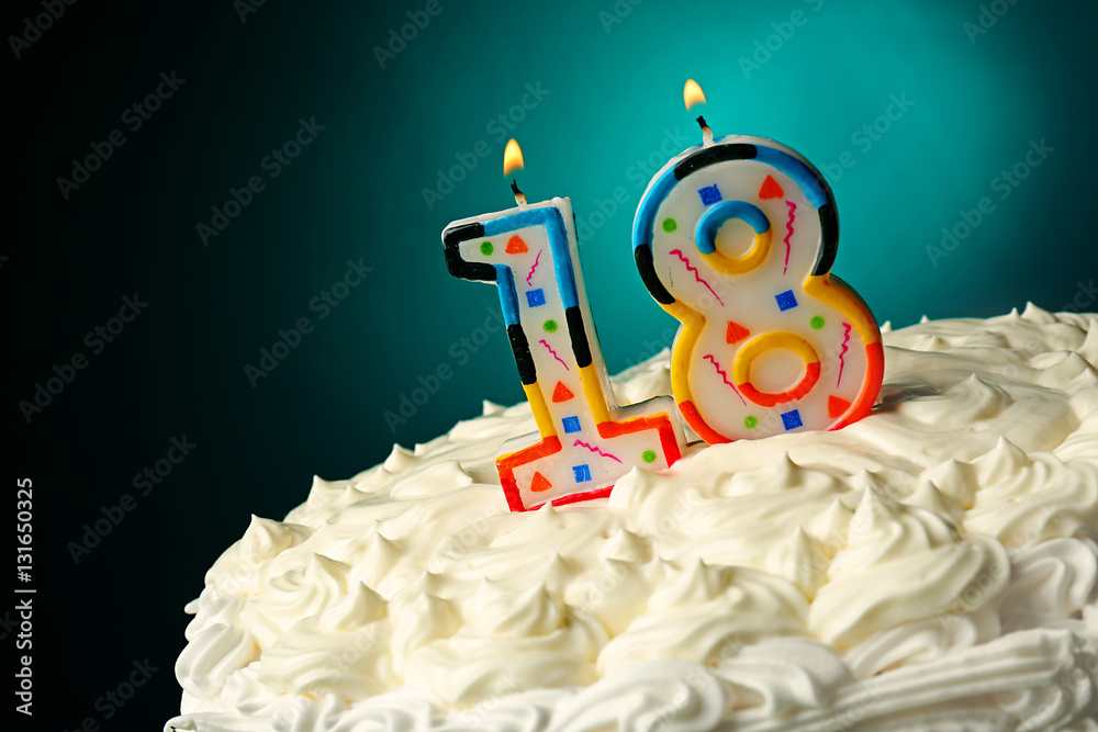 Poster birthday cake with candles on color background