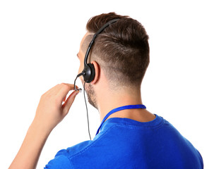 Young male technical support dispatcher on white background