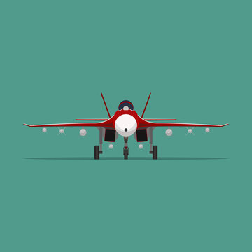 Vector image of a military fighter aircraft in flat style. Front view.