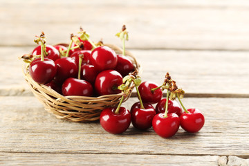 Sweet cherry on a grey wooden table