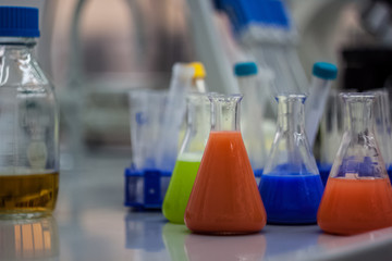 biotechnological laboratory equipment for research. Flasks, bott