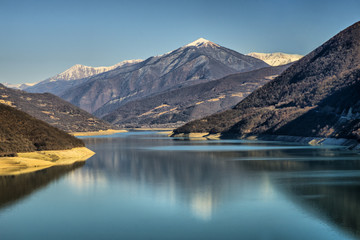 Zhinvali Reservoir in autumn, Mtskheta-Mtianeti region, Georgia.