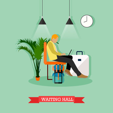 Vector illustration of passenger sitting in waiting hall, flat style.