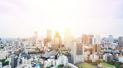 Naklejka premium Business and culture concept - panoramic modern city skyline bird eye aerial view from tokyo tower under dramatic sunrise and morning blue sky in Tokyo, Japan