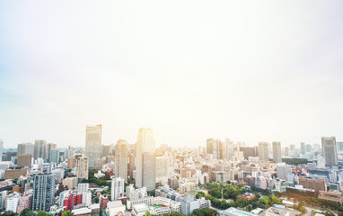 Business and culture concept - panoramic modern city skyline bird eye aerial view from tokyo tower under dramatic sunrise and morning blue sky in Tokyo, Japan