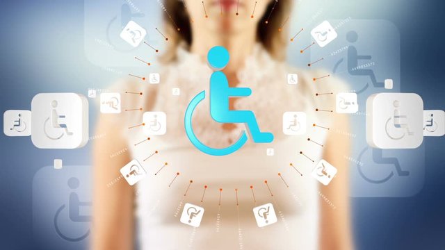 Young female pressing the screen then handicapped symbol appearing. Futuristic touch screen concept.