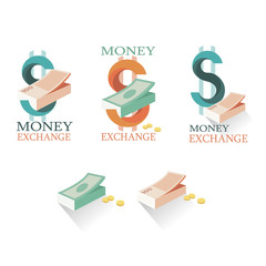 Vector illustration money exchange in flat style. Set of logo momey exchange. Different money and coins - 131654935
