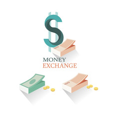 Vector illustration money exchange in flat style. Set of logo momey exchange. Different money and coins - 131654947