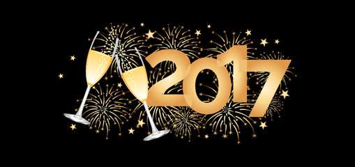 Grußkarte Neujahr 2017 mit Sekt und Feuerwerk in gold auf schwarzem Hintergrund