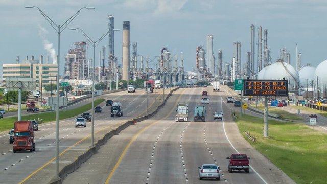 Highway into Deer Park Industrial Area of Houston Texas with Chemical Oil and Gas Refineries and Plants