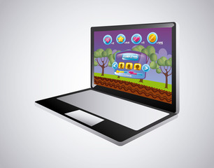 laptop computer with video game interface with icon over white background. colorful design. vector illustration